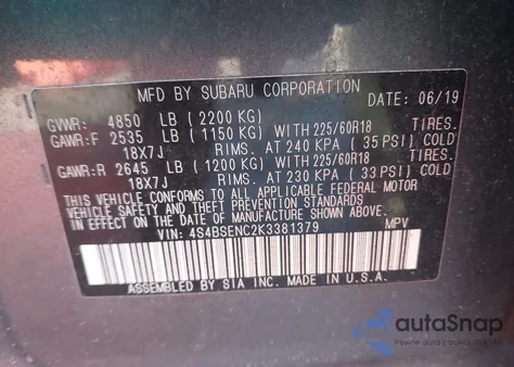 2019 Subaru Outback 3.6R Limited from USA, damaged, VIN 4S4BSENC2K3381379